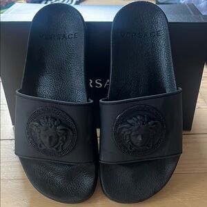 Versace Black Slide Sandals with Embossed Logo